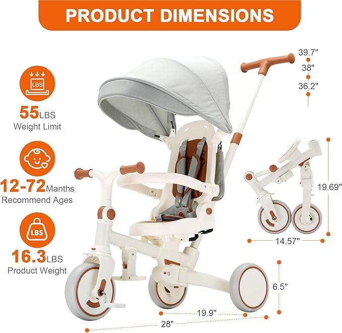 7-in-1 Toddler Tricycle with Parent Push Handle & Canopy, Fully Foldable & Adjustable Stroller, Balance and Pedal Bike for Kids 18 Months to 5 Years,Beige