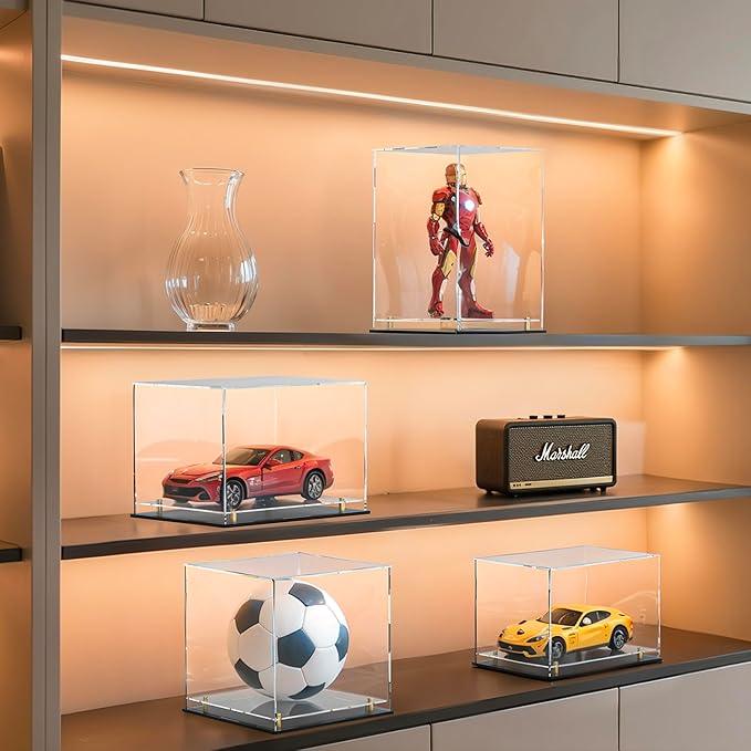 Acrylic Display Case with Floating Shelf & Thick Base – UV-Protected Collectible Showcase for Souvenirs, Figurines, and Memorabilia (8" Lx8 Wx12 H)