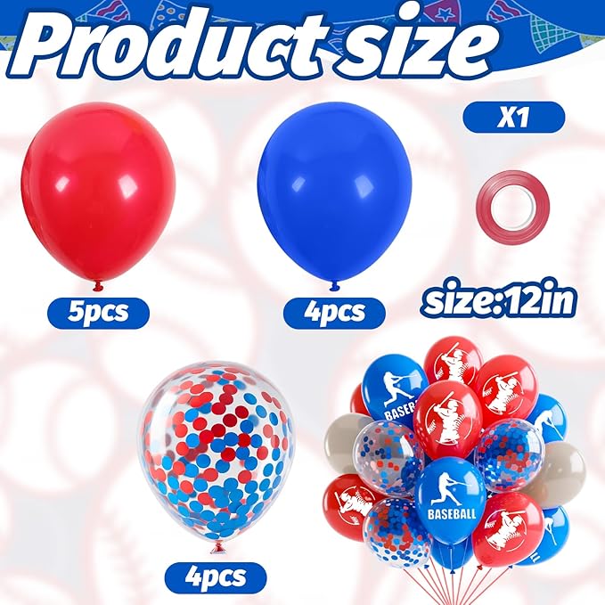 Baseball Balloons, 16Pcs 12Inch Red Blue Brown Confetti Baseball Party Balloons for Boys Kids Boy Baseball Birthday Sport Party Decorations Sports Themed Baby Shower Graduation Party Supplies