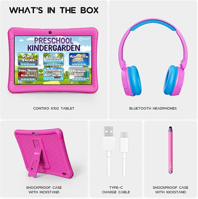 Contixo 10" Android Kids Tablet Bundle - 32GB, Epic! & Lingokids Educational Apps, Parental Controls, Kid-Proof Case w/Kickstand & Stylus, Headphones & Sleeve Bag - Pink