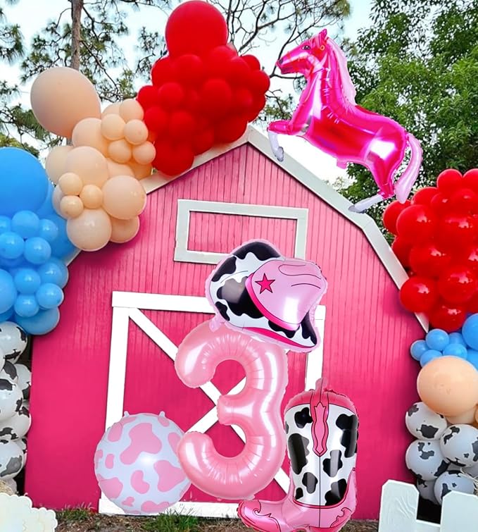 Cowgirl Balloons Pink Girl 3rd Rodeo Birthday Party Decorations, Disco Girl Horse Hat Boot Cow Balloons Western Theme Farm Birthday Party Decorations Supplies Decor (32Inch Pink 3 Balloon)