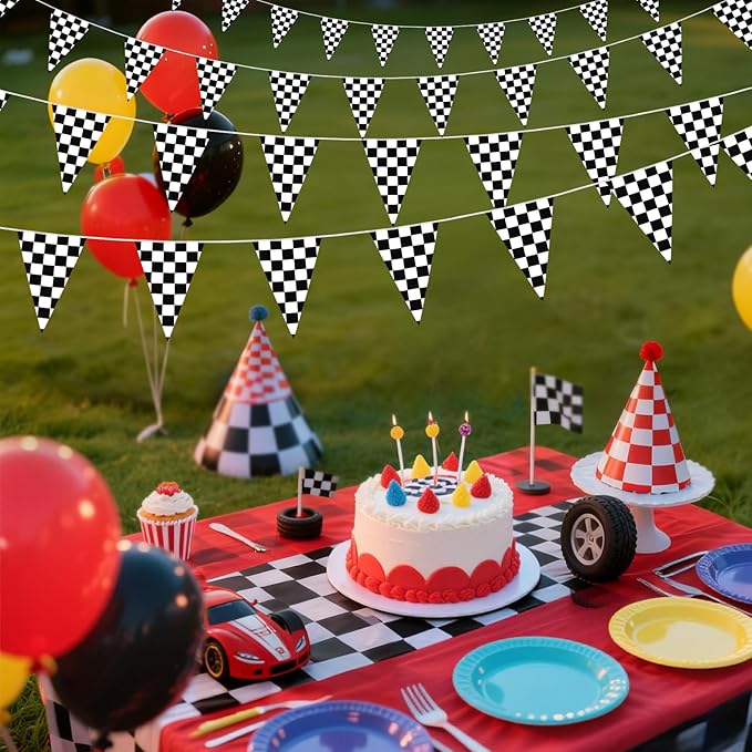 HOOSUN Checkered Flag Banner Race Cars Birthday Decorations,98 Ft 48 Pcs Checkered Flag Party Supplies,Racing Flags Decorations,Black and White Race Car Flag Pennant Banner for Nascar Cars Theme Party