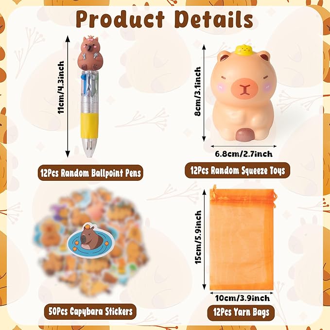 CY2SIDE 12 Pack Capybara Squeeze Toys Party Favor Gift Set, Included Random Slow Rising Squishy Toys 4-in-1 Ballpoint Pen Stickers and Organza Bag, Capybara Valentines Party Goodie Bag Fillers for Kid