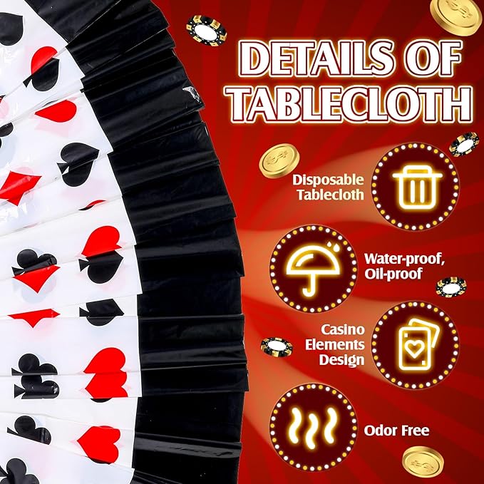 Hosuly 3 Pcs Casino Theme Party Decorations Poker Tablecloth Poker Plastic Disposable Table Cover Casino Theme Tablecloth for Game Birthday Playing Card Party Picnic Supplies, 51 x 108 Inch (Black)
