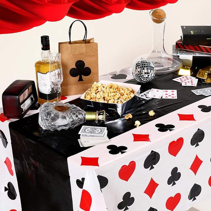 Hosuly 3 Pcs Casino Theme Party Decorations Poker Tablecloth Poker Plastic Disposable Table Cover Casino Theme Tablecloth for Game Birthday Playing Card Party Picnic Supplies, 51 x 108 Inch (Black)