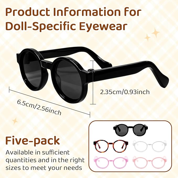 Plastic Doll Dress up Eyeglasses 5Pcs Doll Glasses Mini Glasses Fit Toy Accessories 5 Colors Compatible with 5.12 Inch Figures（Black,Pink,Purple,Leopard Print,White）
