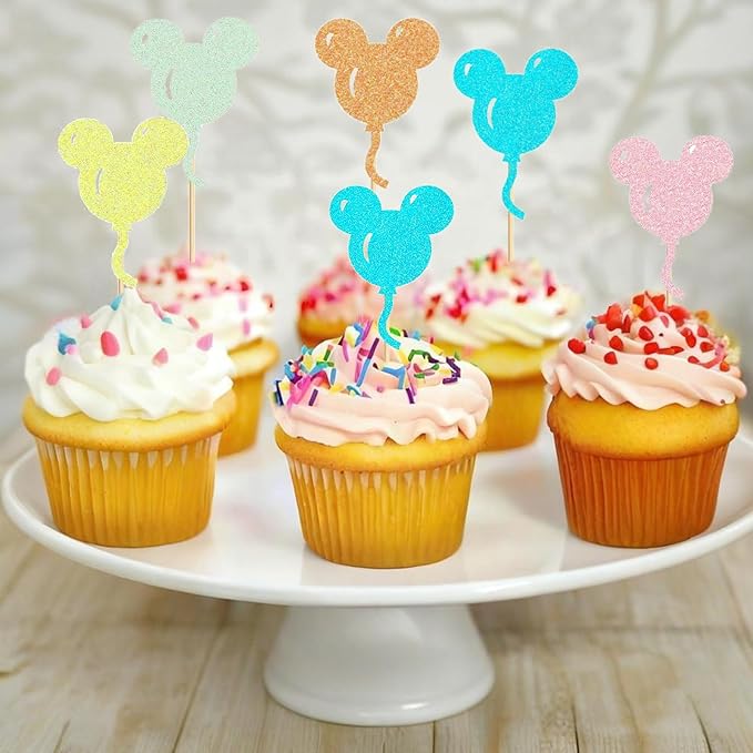 30 Pcs Mouse Inspired Cupcake Toppers Glitter Multiple Colors Mouse Balloon Cake Toppers Decorations for Baby Shower Kids Birthday Party Wedding Anniversary Party Supplies