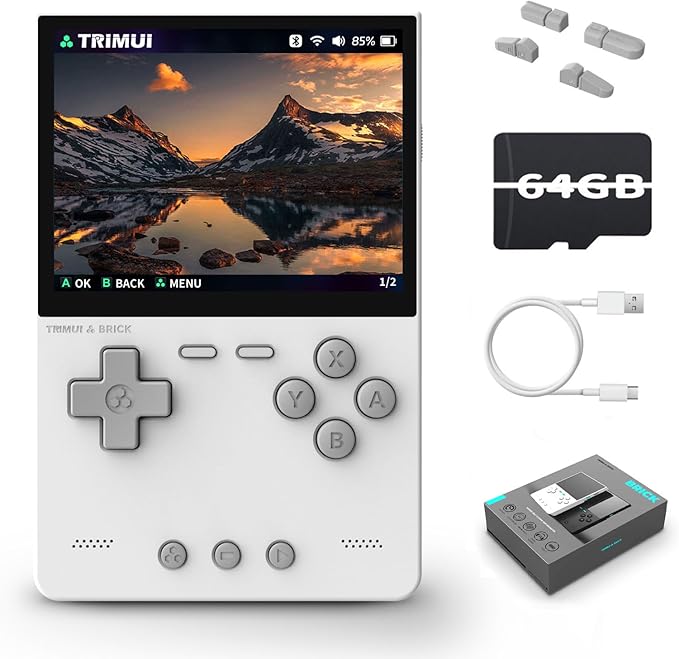 𝗧𝗿𝗶𝗺𝘂𝗶 Brick Handheld Game Console 3.2-Inches 1024x768 IPS Screen Built-in 64G TF Card Video Gaming Consoles 3000mAh Lithium Battery Supports Multiple Simulators Casual Game Console-White
