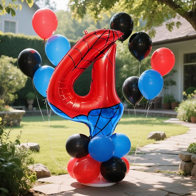 Spider Web Number 4 Balloon Birthday Decoration, Superhero Themed 40in Giant Mylar Number Party Supplies
