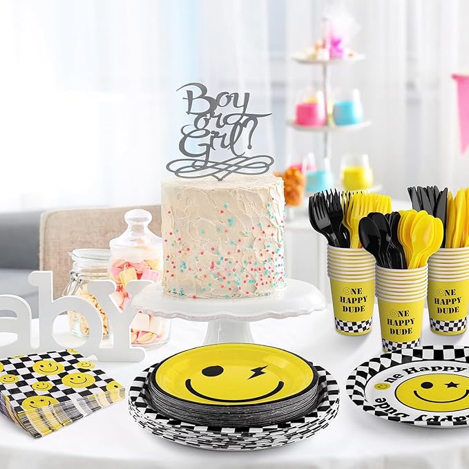 durony 196 Pieces One Happy Dude Birthday Party Decorations First Birthday Smile Face Party Tableware Set Smiley Plates Cups Napkins Forks for One Happy Dude Party, 1st Party, Serve 28 Guest