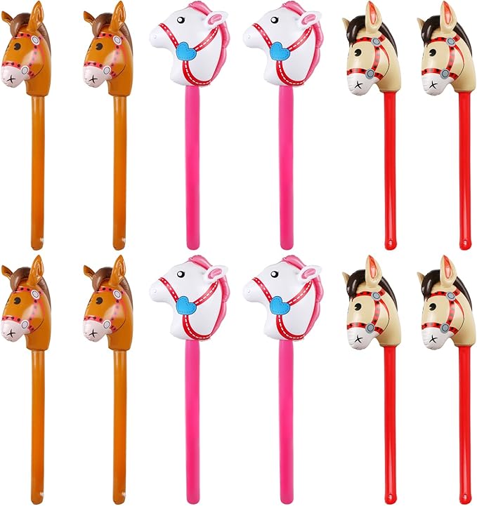 12PCS Inflatable Stick Horse,Blow Up Horse Head on Stick Pony Costume Western Cowboy Cowgirl Baby Shower Birthday Party Decorations Halloween Supplies Favors Props, 38 Inches (Multicolor)