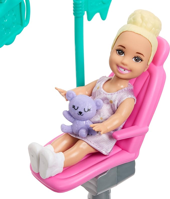 Barbie Careers Dentist Playset with Brunette Doll Wearing White Coat, Toddler Small Doll, Examination Chair & Accessories