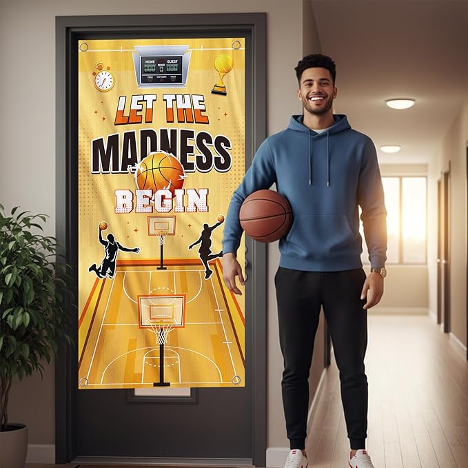Basketball Theme Decorations, College Basketball Banner Door Cover Party Decorations, Basketball Theme Let the Madness Begin Welcome Banner Party Decor for Outdoor Indoor Classroom