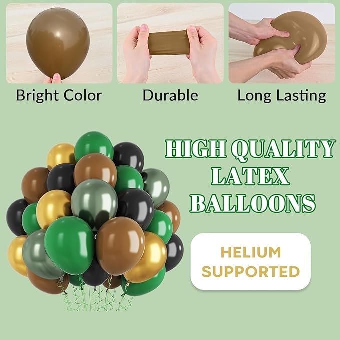 Green and Brown Balloon, 60Pcs 12Inch Dark Green Black Metallic Gold Latex Balloon, Metallic Avocado Tan Chrome Gold Balloons for Camo Camping Game Army Jungle Safari Theme Birthday Party Decor