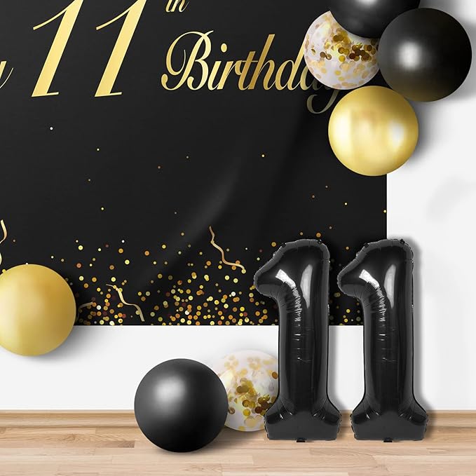 Happy 11th Birthday Balloons Black Set Decor - Cheers to 11 Years Old Party Theme Garland Banner Backdrop Decorations For Boy and Girl Supplies