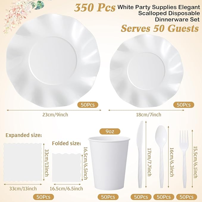 350 Pcs Scallop White Party Supplies, 50 Guests Disposable Paper Plates Paper Cups Cutlery Napkins Dinnerware Set for Wedding, Birthday, Baby Shower, Outdoor (scallop Wave 2, White)