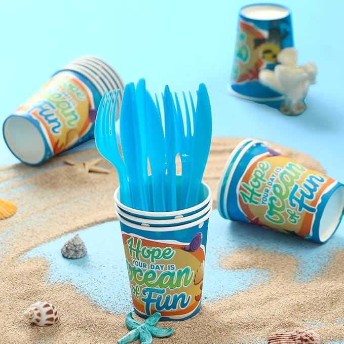 144Pcs Under the Sea Animal Birthday Party Supplies Decorations Paper Plates Napkins Vintage Puppy Party Tableware Disposable Ocean Dinnerware Set for Kids Birthday Baby Shower Table Decor, Serve 24