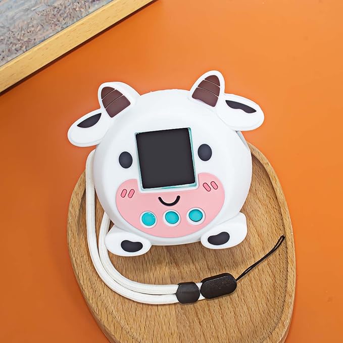 Silicone Protective case for Punirunes Interactive Digital Toy, Cute Cartoon Cow Design Skin Sleeve for Punirunes Electronic Pets Machine, with Lanyard Easy Carry,Scratch Shock Protection (White)