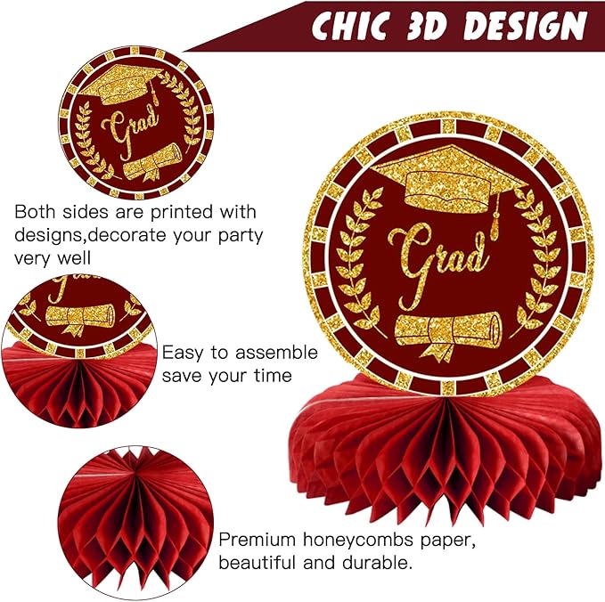 10PCS Graduation Party Decorations Class of 2026 Congrats Grad Table Centerpieces Congratulate Graduation Honeycomb Table Toppers for Graduation Party Supplies(Maroon Gold)