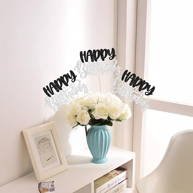 Gyufise 12Pcs Happy Birthday Centerpieces Sticks Double Sided Glitter Birthday Party Decorations Anniversary Table Flower Centerpiece for Celebrating Party Supplies Black Silver