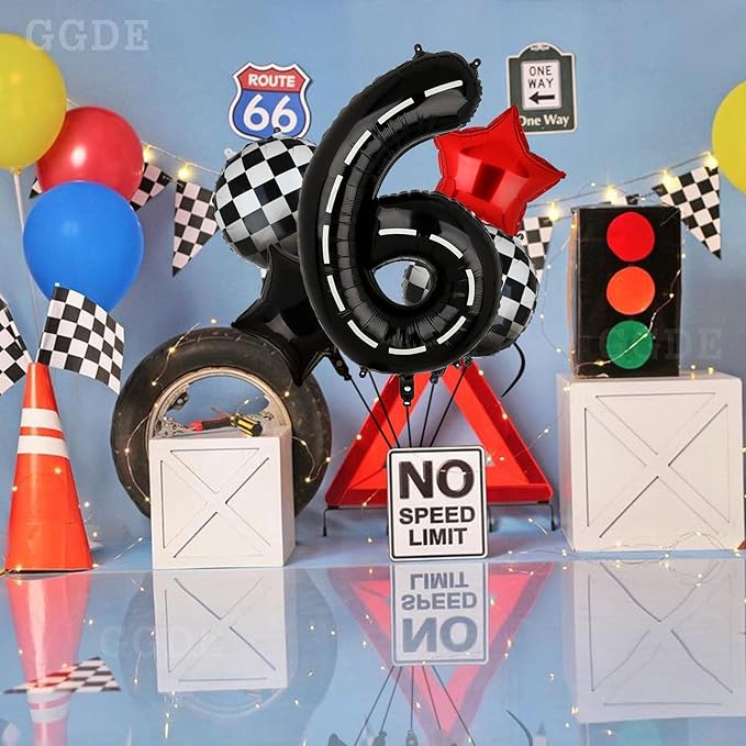 Race Car Birthday Balloons 40 Inch Racetrack Number Balloon 6 Black Boys 6st Birthday Race Car Theme Party Decor Supplies 5 Pcs