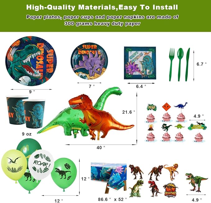 Dinosaur Birthday Party Supplies Kit For Boys, Dinosaur Party Decorations-20 Guest-Include Dino Plates Cups Napkins Banner Cutlery Balloon Tablecloth Straws Toppers