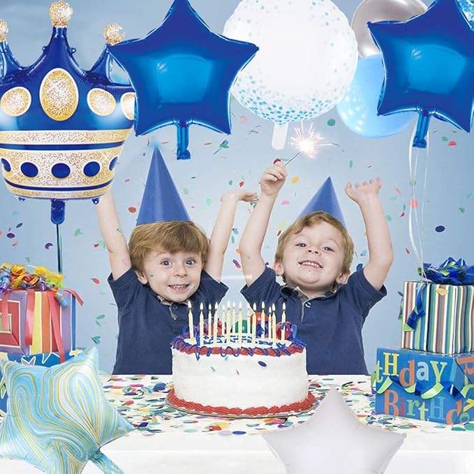 Blue Crown Balloons - Pack of 6 Foil Helium Mylar Balloons for Royal Navy Boy's Birthday or Baby Shower