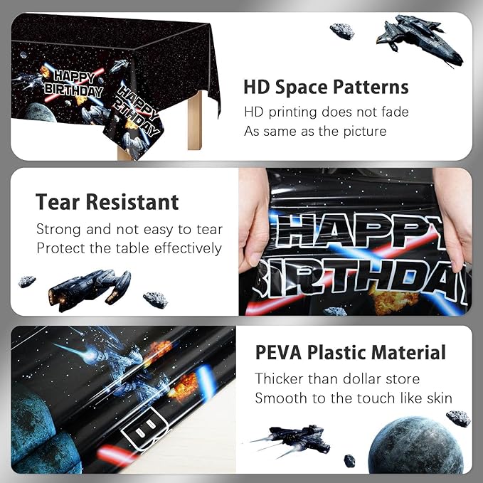 3 Pieces Space Battleship Wars Themed Birthday Party Decorations Tablecloth, Large Size 54 x 108 Inch Rectangular Plastic Table Cloth Star Galaxy Universe Starship for Boys Kids Party Decorations