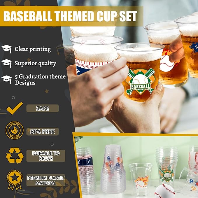 100Pcs Baseball Party Decorations Cups,12OZ Clear Disposable Plastic Drinking Cups For Baseball Theme Birthday Party Decor Supplies