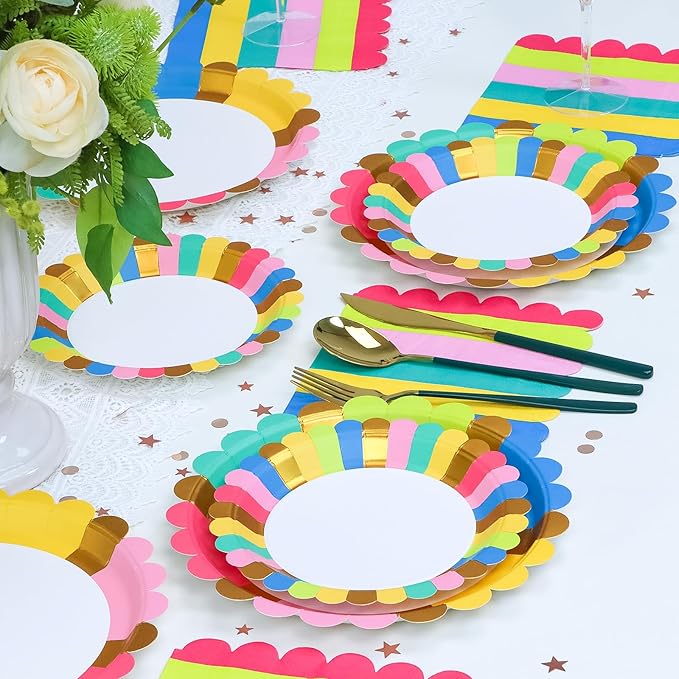 Birthday Party Supplies Disposable 9" Dinner Plates 7" Dessert Plates 6.5" Luncheon Napkins for Birthday Garden Party Afternoon Teas Baby Shower Wedding, Scalloped Edge, Serve 24