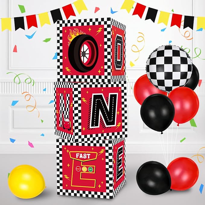 TONIFUL Race Car 1st Birthday Party Supplies Red Yellow Black Balloon Box with Letters，Fast One Theme One Year Old Birthday Party Favors for Kids Baby Shower First Birthday Decoration