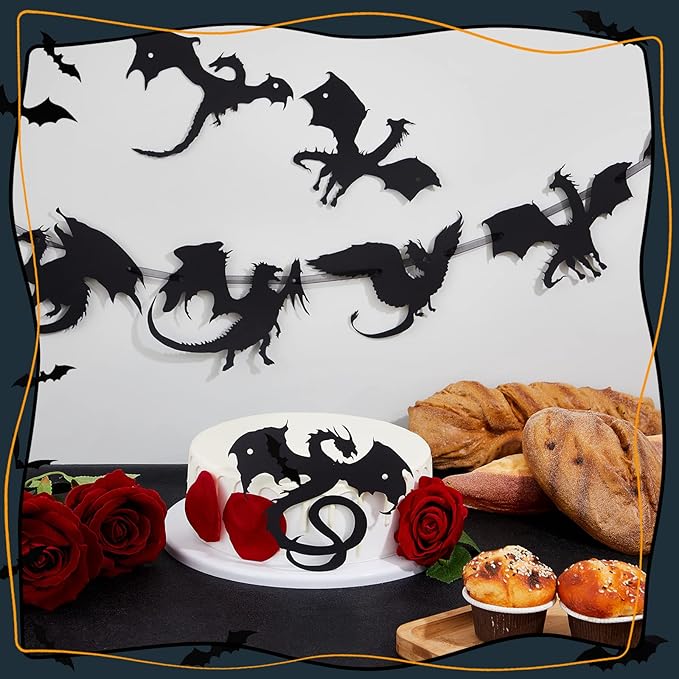 Henoyso 4 Pcs Black Dragon Party Banner Hanging Dragon Decor Birthday Supplies 32 Black Decorations for Birthday Theme Fantasy Party Supplies, 8 Designs
