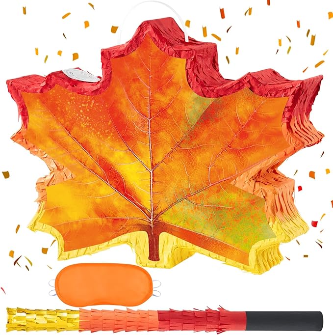 WERNNSAI Fall Leaf Piñata - Maple Leaf Piñata Thanksgiving Party Games for Kids Orange Autumn Hanging Leaves Decor Fall Festival Thanksgiving Family Party Favors with Blindfold