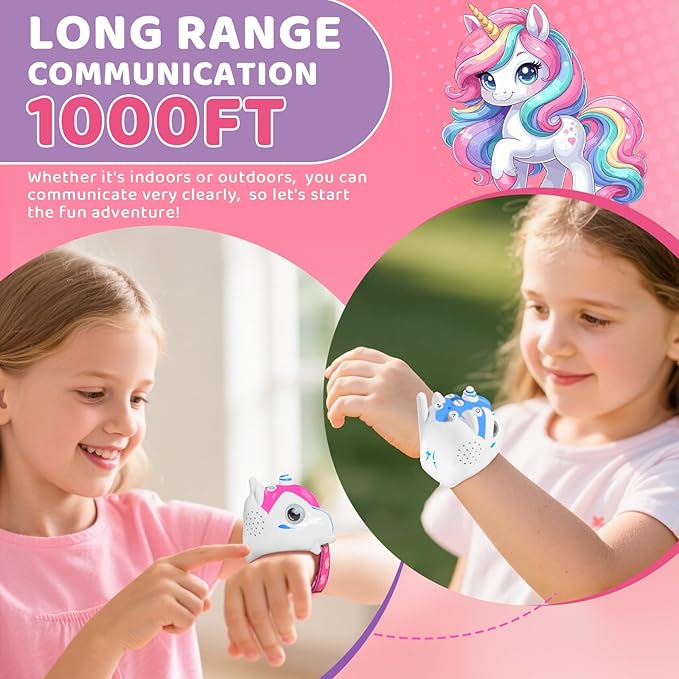 Unicorn Walkie Talkies for Kids, 2 Pack Camping Unicorn Outdoor Toys for Girls Age 3-12 Year Old, 3 Channel Toy Birthday Gifts Easter Halloween Christmas Stocking Stuffers (Pink + Blue)