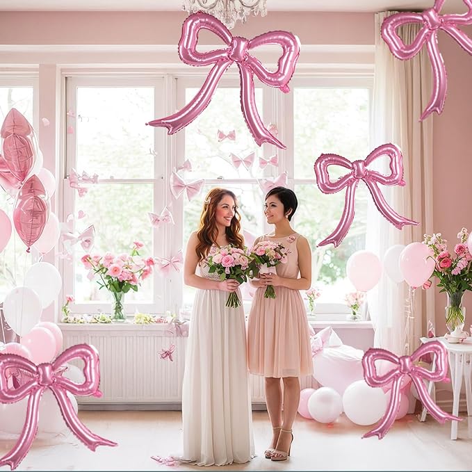 5 Pcs Pink Bows Balloons Party Decorations for Girl Women Pink Bow Birthday Decorations Giant Foil Balloon Baby Shower Bridal Engagement Wedding Decor Bachelorette K-pop music Theme Party Supplies