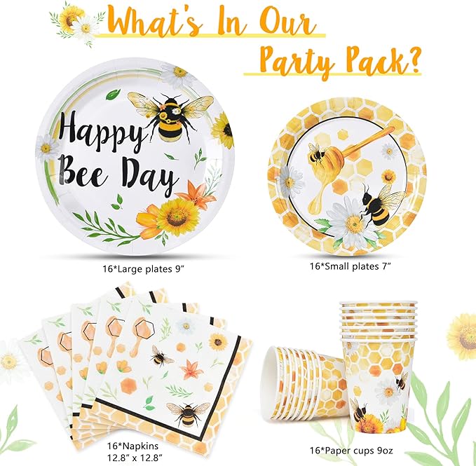 WERNNSAI Bee Birthday Decorations - 64 PCS Bee Plates Napkins and Cups Honeybee Baby Shower Decorations Paper Plates Cups Napkins Dinnerware for Kids Boys Girls Birthday Serves 16 Guests