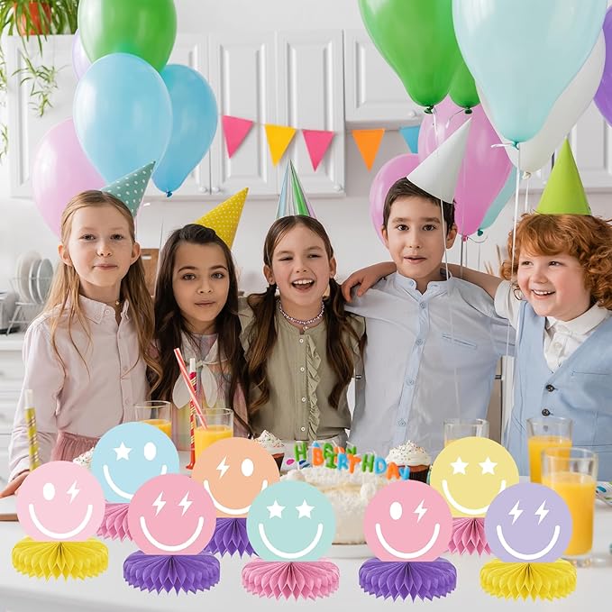 9PCS Smile Face Honeycomb Centerpieces Preppy Smile Face Table Decorations Happy Pastel Birthday Party Supplies for Colorful Rainbow Birthday Themed Bachelorette Decor Favor