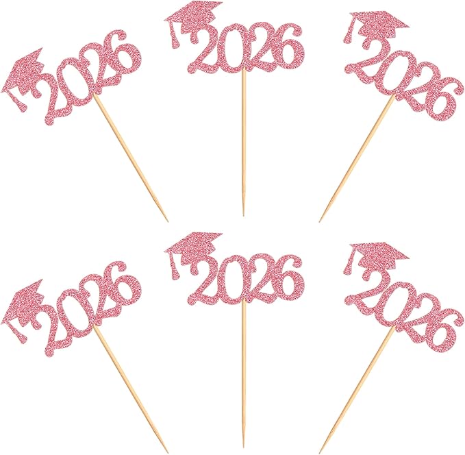 24 Pcs graduation cupcake toppers 2026, Food/Appetizer Picks For Graduation Party Mini Cake Decorations, 2026 Cupcake Toppers (Rose Red)