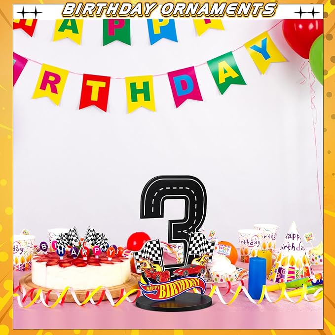 Race Car 3rd Birthday Number Sign Centerpiece Race Car Theme 3rd Birthday Party Supplies Wooden Table Decoration Photo Props for Boys Three Years Old