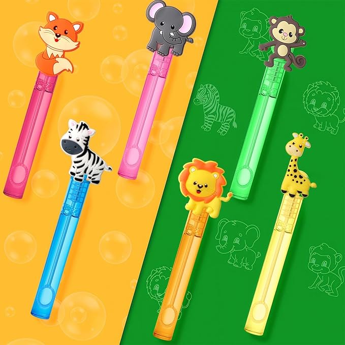 24 Jungle Animal Party Favors Bubble Wands for Kids, Lion Fox Zebra Giraffe Safari Mini Bubbles Wand Toys, Woodland Theme Birthday Party Supplies Goodie Gift Bag Stuffers Pinata Classroom Prizes