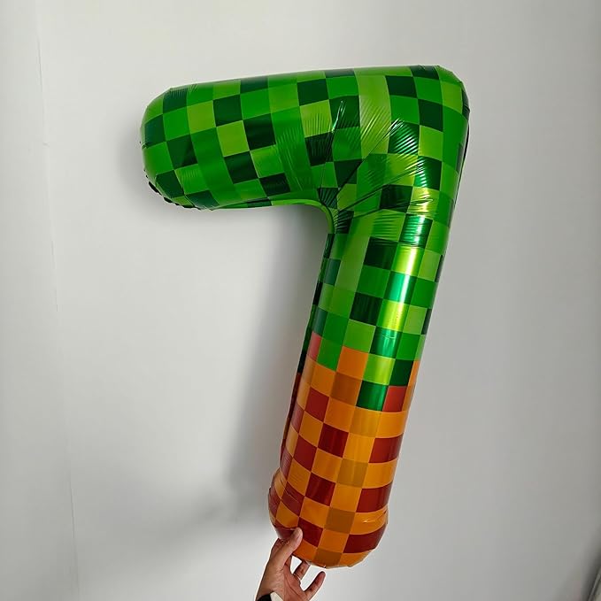 Green Pixel Miner Number 8 Foil Balloon Set 40 Inch Large Mylar Mining Theme Brown 8th Number Balloons Pixel Cubes Boxes Video Game Birthday Party Decorations 10Pcs