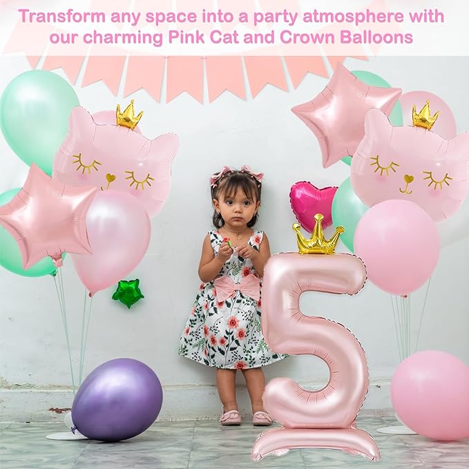 Pink Cat Balloon Set, Crown Cat Foil Balloon, 5 Year Old Girl Birthday Party Decoration, Cat Theme Party Decoration, Theme Party Supplies for Girls Kitten Pet Cat (5)