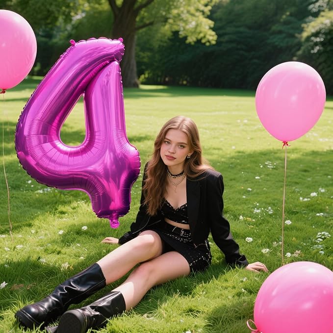 40 Inch Rose Purple Large Balloon Number 4 Balloon,Jumbo Mylar Foil Helium Balloon for 4 14 24 34 45 54 Birthday Digital Balloons for Birthday Party,Wedding Anniversary Party Decorations