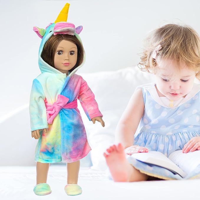 American 18 inch Doll Clothes and Sleeping Bag Set - Rainbow Unicorn Doll Costume with Unicorn Style Sleeping Bag, Pillow, Eye Mask Slumber Party Accessories Fits 18 Inch (NO Dolls)