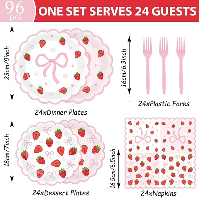 96Pcs Strawberry Party Plates and Napkins Bow Berry Sweet Scalloped Birthday Plates Party Supplies Pink Coquette Strawberry Tableware for Girls Baby Shower Wedding Birthday Decor 24 Guests
