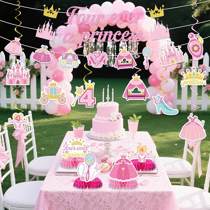 Princess 4th Birthday Party Decorations for Girls Include Four Ever a Princess Glitter Banners Hanging Swirls Honeycomb Centerpieces Pink Fourever Theme 4 Years Old Birthday Party Supplies