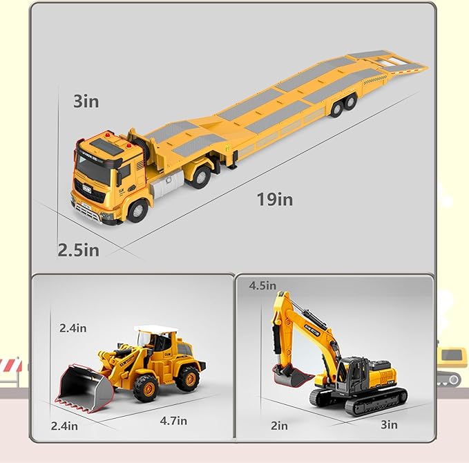 Alloy Die-Cast Construction Vehicles Toys Set w/Semi Truck, Excavator & Bulldozer - Real Lights & Sounds, Movable Parts - Learning Toys Gift for 3-7 Year Old Boys Girls
