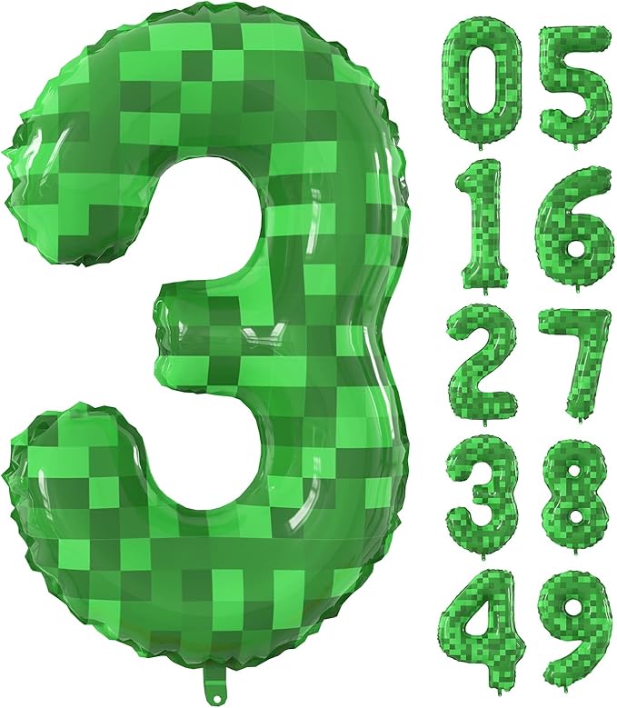 40 Inch Green Pixel Miner Theme Number Balloons Large Birthday Party Number Balloons Mining Gaming for Kids Birthday Party Decoration Supplies (Number 3)