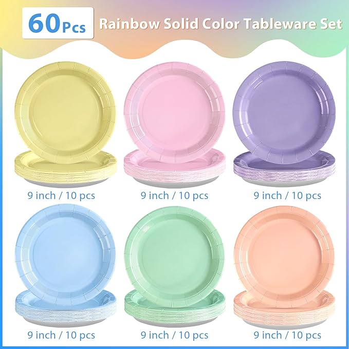 Grencian 60Pcs Pastel Rainbow Party Decorations 9" Pastel Rainbow Plates Disposable Solid Color Paper Dinnerware for Wedding Anniversary Birthday Bridal Baby Shower Summer Ice Cream Party Supplies