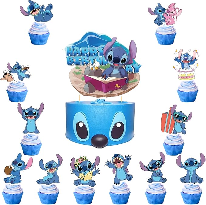 25Pcs Sti-tch Party Decorations, Sti-tch Birthday Party Cake Topper Cupcake Toppers Decoration for Sti-tch Theme Party Favors Supplies for Kids Baby Shower Decor